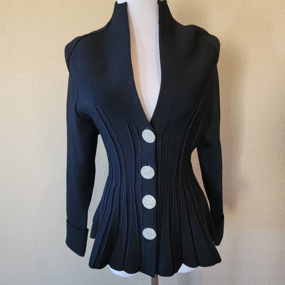NWOT Balmain Ribbed Knit Basque Cardigan in Black, Size 36